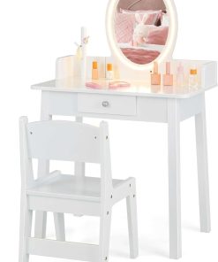Costzon Kids Vanity, Girls Vanity Set with Mirror and Stool and Lights, Drawer, Jewelry Rack, 2 in 1 Wooden Princess Makeup Desk Dressing Table, Pretend Play Kids Vanity Table and Chair Set - 1