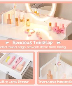 Costzon Kids Vanity, Girls Vanity Set with Mirror and Stool and Lights, Drawer, Jewelry Rack, 2 in 1 Wooden Princess Makeup Desk Dressing Table, Pretend Play Kids Vanity Table and Chair Set - 3