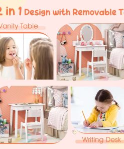 Costzon Kids Vanity, Girls Vanity Set with Mirror and Stool and Lights, Drawer, Jewelry Rack, 2 in 1 Wooden Princess Makeup Desk Dressing Table, Pretend Play Kids Vanity Table and Chair Set - 4