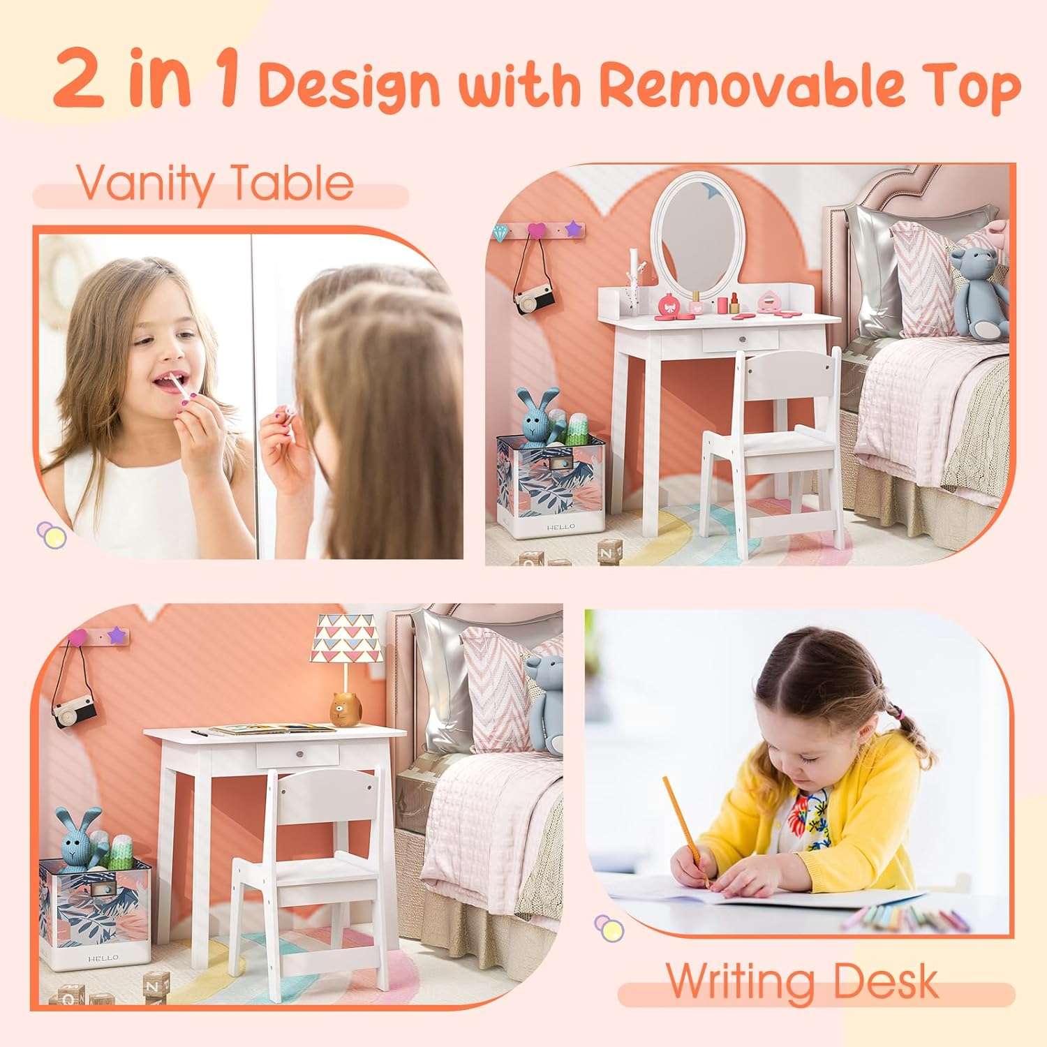 Costzon Kids Vanity, Girls Vanity Set with Mirror and Stool and Lights, Drawer, Jewelry Rack, 2 in 1 Wooden Princess Makeup Desk Dressing Table, Pretend Play Kids Vanity Table and Chair Set - 4