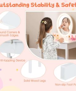 Costzon Kids Vanity, Girls Vanity Set with Mirror and Stool and Lights, Drawer, Jewelry Rack, 2 in 1 Wooden Princess Makeup Desk Dressing Table, Pretend Play Kids Vanity Table and Chair Set - 5