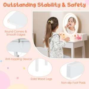 Costzon Kids Vanity, Girls Vanity Set with Mirror and Stool and Lights, Drawer, Jewelry Rack, 2 in 1 Wooden Princess Makeup Desk Dressing Table, Pretend Play Kids Vanity Table and Chair Set - 5