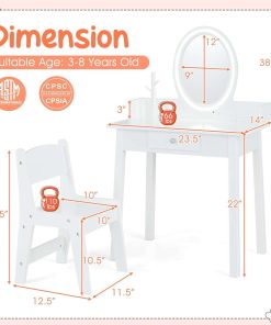 Costzon Kids Vanity, Girls Vanity Set with Mirror and Stool and Lights, Drawer, Jewelry Rack, 2 in 1 Wooden Princess Makeup Desk Dressing Table, Pretend Play Kids Vanity Table and Chair Set - 6