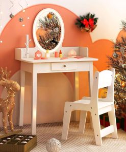 Costzon Kids Vanity, Girls Vanity Set with Mirror and Stool and Lights, Drawer, Jewelry Rack, 2 in 1 Wooden Princess Makeup Desk Dressing Table, Pretend Play Kids Vanity Table and Chair Set - 7
