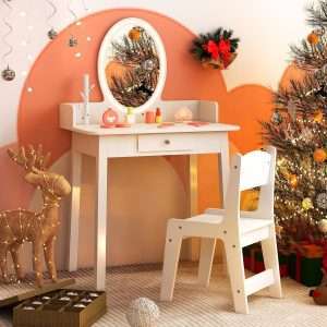 Costzon Kids Vanity, Girls Vanity Set with Mirror and Stool and Lights, Drawer, Jewelry Rack, 2 in 1 Wooden Princess Makeup Desk Dressing Table, Pretend Play Kids Vanity Table and Chair Set - 7