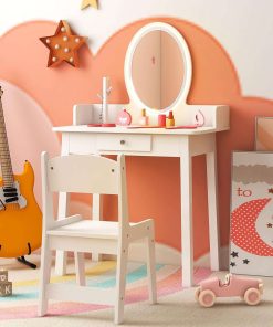 Costzon Kids Vanity, Girls Vanity Set with Mirror and Stool and Lights, Drawer, Jewelry Rack, 2 in 1 Wooden Princess Makeup Desk Dressing Table, Pretend Play Kids Vanity Table and Chair Set - 8