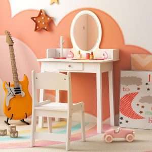 Costzon Kids Vanity, Girls Vanity Set with Mirror and Stool and Lights, Drawer, Jewelry Rack, 2 in 1 Wooden Princess Makeup Desk Dressing Table, Pretend Play Kids Vanity Table and Chair Set - 8