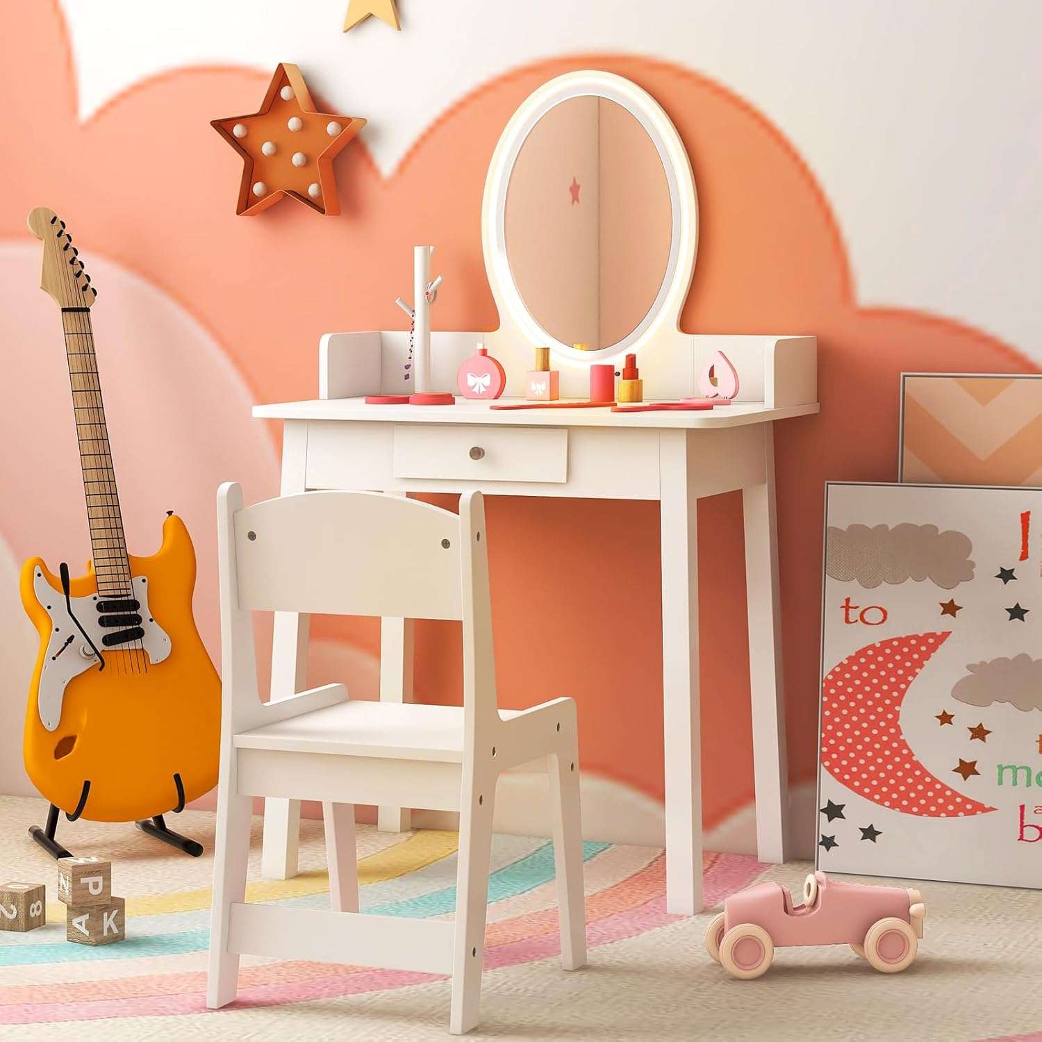 Costzon Kids Vanity, Girls Vanity Set with Mirror and Stool and Lights, Drawer, Jewelry Rack, 2 in 1 Wooden Princess Makeup Desk Dressing Table, Pretend Play Kids Vanity Table and Chair Set - 8