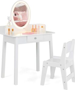 Costzon Kids Vanity, Girls Vanity Set with Mirror and Stool and Lights, Drawer, Jewelry Rack, 2 in 1 Wooden Princess Makeup Desk Dressing Table, Pretend Play Kids Vanity Table and Chair Set - 9