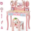 Costzon Kids Vanity Table & Chair Set, 2 in 1 Princess Makeup Dressing Table w-Detachable Top, Toddler Vanity w-Tri-fold Mirror, Drawers & Accessories, Pretend Play Vanity Set for Little Girls - 1