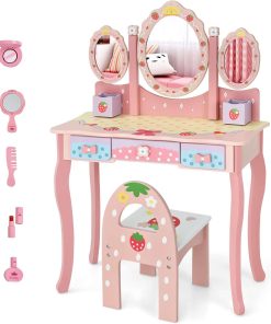 Costzon Kids Vanity Table & Chair Set, 2 in 1 Princess Makeup Dressing Table w-Detachable Top, Toddler Vanity w-Tri-fold Mirror, Drawers & Accessories, Pretend Play Vanity Set for Little Girls - 1