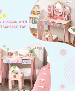 Costzon Kids Vanity Table & Chair Set, 2 in 1 Princess Makeup Dressing Table w-Detachable Top, Toddler Vanity w-Tri-fold Mirror, Drawers & Accessories, Pretend Play Vanity Set for Little Girls - 3