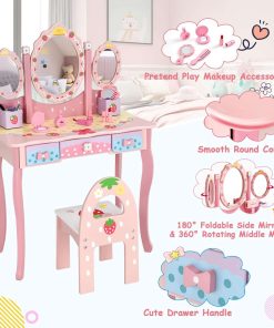 Costzon Kids Vanity Table & Chair Set, 2 in 1 Princess Makeup Dressing Table w-Detachable Top, Toddler Vanity w-Tri-fold Mirror, Drawers & Accessories, Pretend Play Vanity Set for Little Girls - 4
