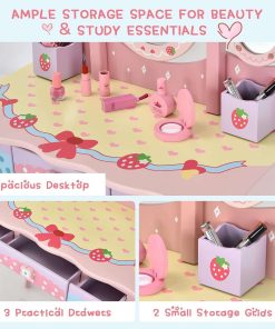Costzon Kids Vanity Table & Chair Set, 2 in 1 Princess Makeup Dressing Table w-Detachable Top, Toddler Vanity w-Tri-fold Mirror, Drawers & Accessories, Pretend Play Vanity Set for Little Girls - 6