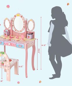 Costzon Kids Vanity Table & Chair Set, 2 in 1 Princess Makeup Dressing Table w-Detachable Top, Toddler Vanity w-Tri-fold Mirror, Drawers & Accessories, Pretend Play Vanity Set for Little Girls - 7