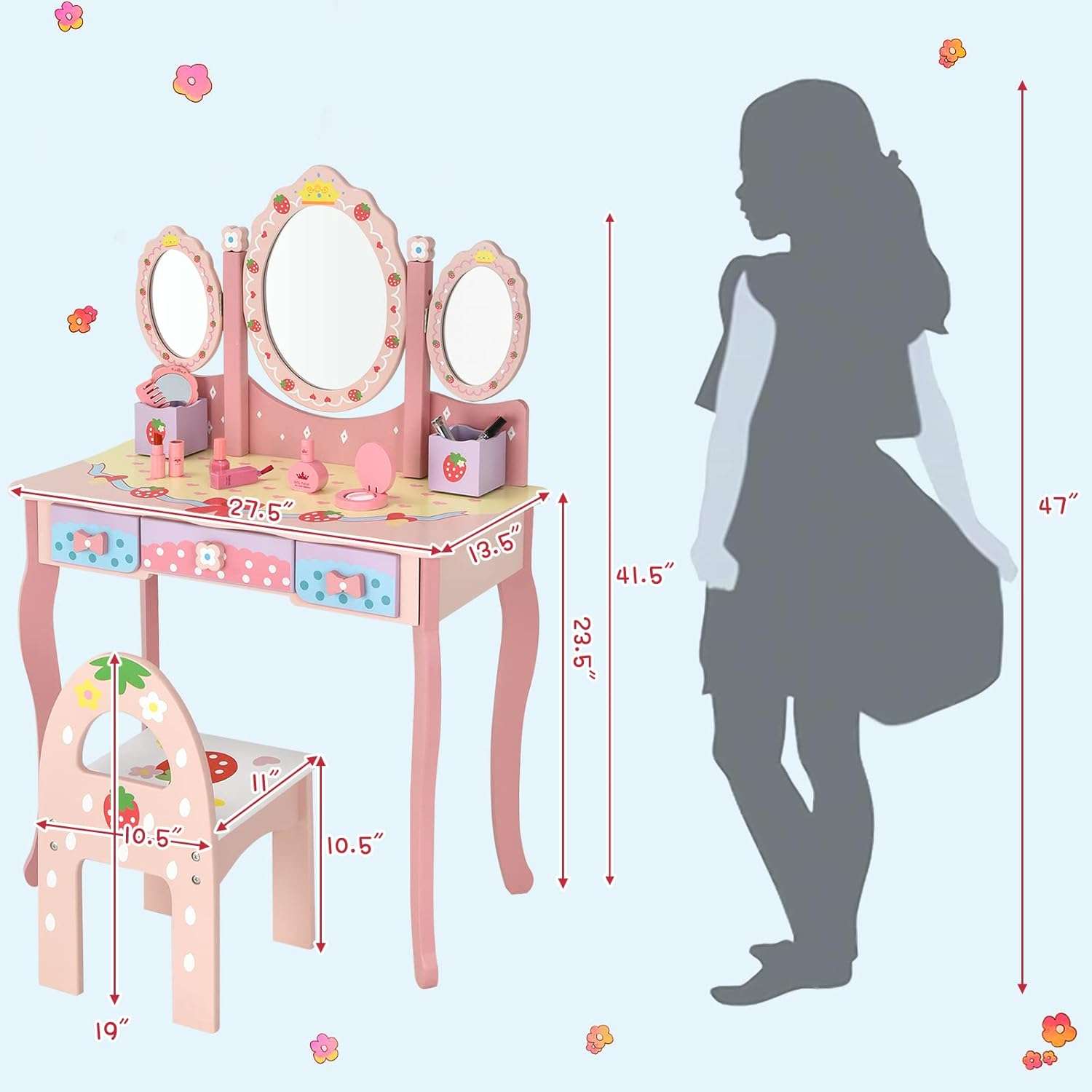 Costzon Kids Vanity Table & Chair Set, 2 in 1 Princess Makeup Dressing Table w-Detachable Top, Toddler Vanity w-Tri-fold Mirror, Drawers & Accessories, Pretend Play Vanity Set for Little Girls - 7