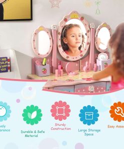 Costzon Kids Vanity Table & Chair Set, 2 in 1 Princess Makeup Dressing Table w-Detachable Top, Toddler Vanity w-Tri-fold Mirror, Drawers & Accessories, Pretend Play Vanity Set for Little Girls - 9