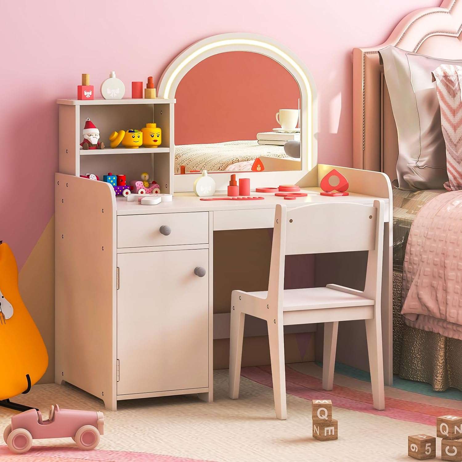 Costzon Kids Vanity with Lights, 2 in 1 Princess Makeup Desk & Chair Set with Lighted Mirror, Drawer, Storage Shelves & Cabinet, Toddler Dressing Table, Pretend Play Vanity Set for Little Girls - 1
