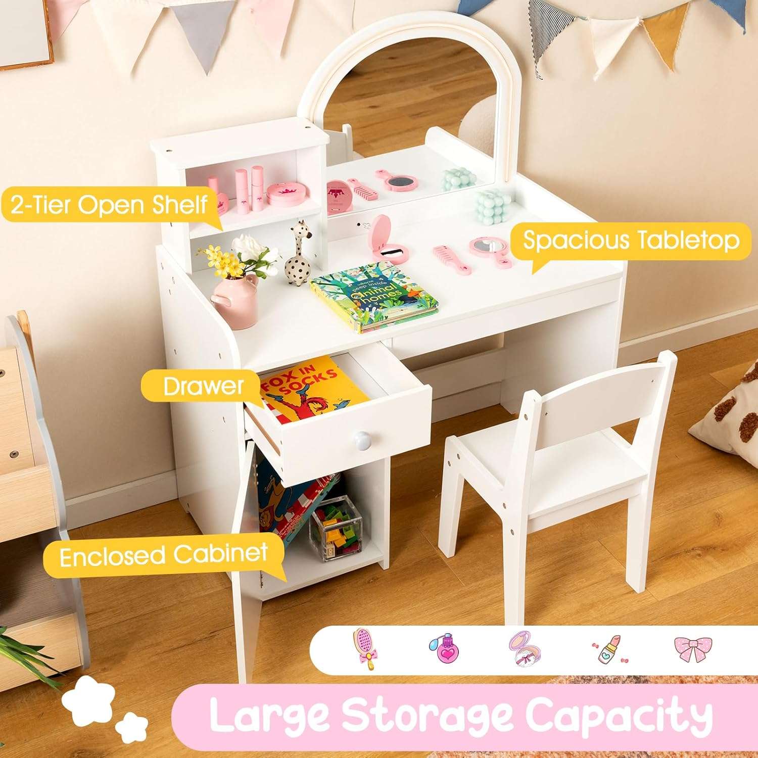 Costzon Kids Vanity with Lights, 2 in 1 Princess Makeup Desk & Chair Set with Lighted Mirror, Drawer, Storage Shelves & Cabinet, Toddler Dressing Table, Pretend Play Vanity Set for Little Girls, White - Image 8