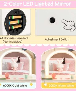 Costzon Kids Vanity with Lights, 2 in 1 Princess Makeup Desk & Chair Set with Lighted Mirror, Drawer, Storage Shelves & Cabinet, Toddler Dressing Table, Pretend Play Vanity Set for Little Girls - 3