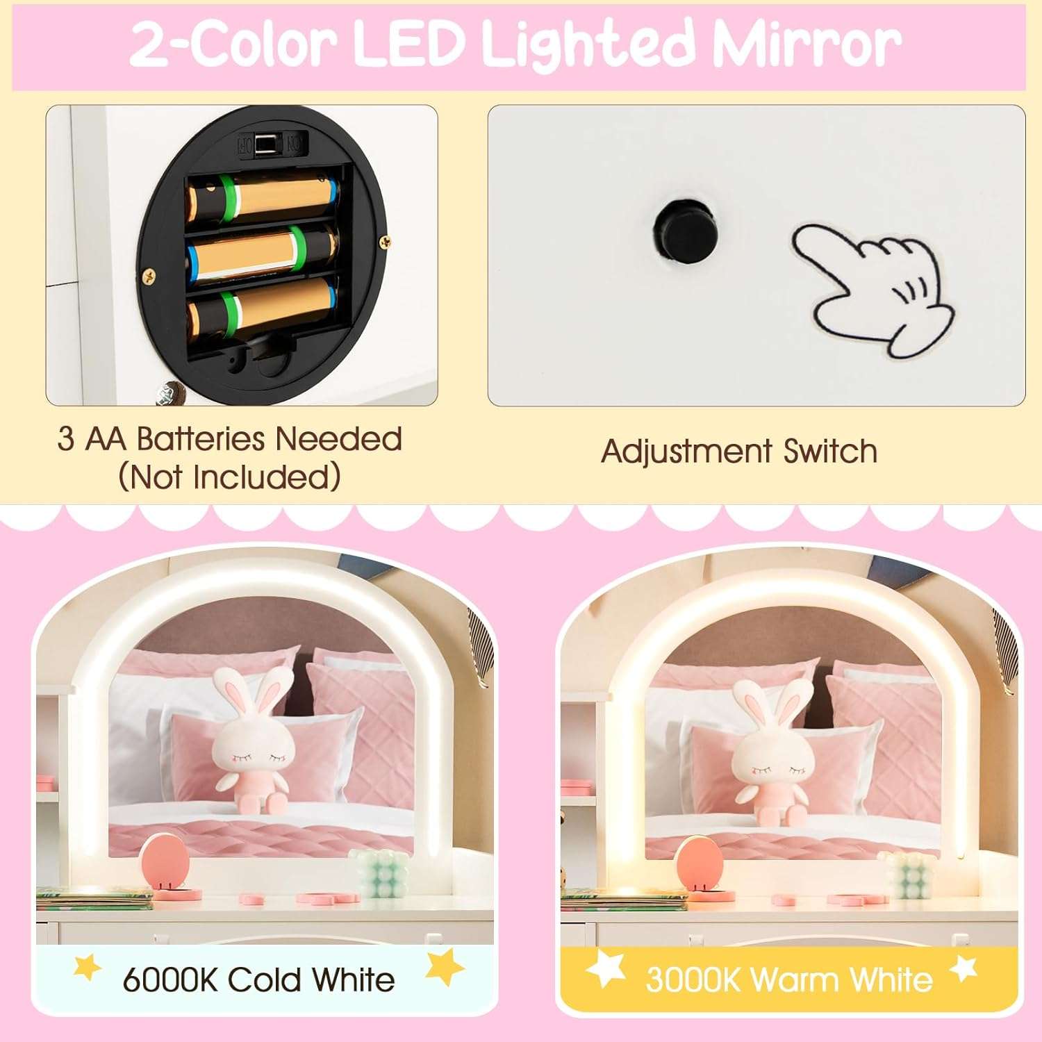 Costzon Kids Vanity with Lights, 2 in 1 Princess Makeup Desk & Chair Set with Lighted Mirror, Drawer, Storage Shelves & Cabinet, Toddler Dressing Table, Pretend Play Vanity Set for Little Girls - 3