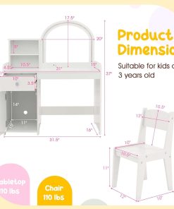 Costzon Kids Vanity with Lights, 2 in 1 Princess Makeup Desk & Chair Set with Lighted Mirror, Drawer, Storage Shelves & Cabinet, Toddler Dressing Table, Pretend Play Vanity Set for Little Girls - 6