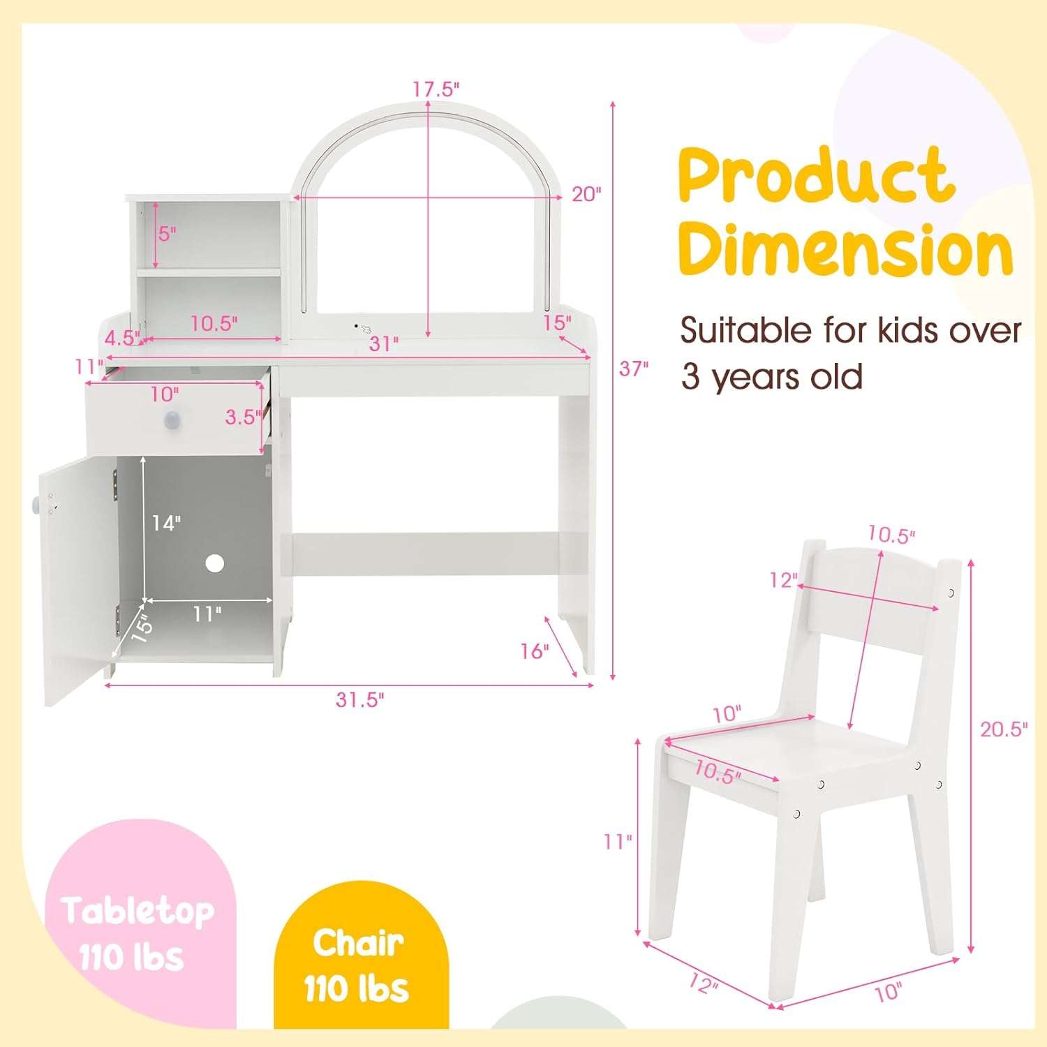 Costzon Kids Vanity with Lights, 2 in 1 Princess Makeup Desk & Chair Set with Lighted Mirror, Drawer, Storage Shelves & Cabinet, Toddler Dressing Table, Pretend Play Vanity Set for Little Girls - 6