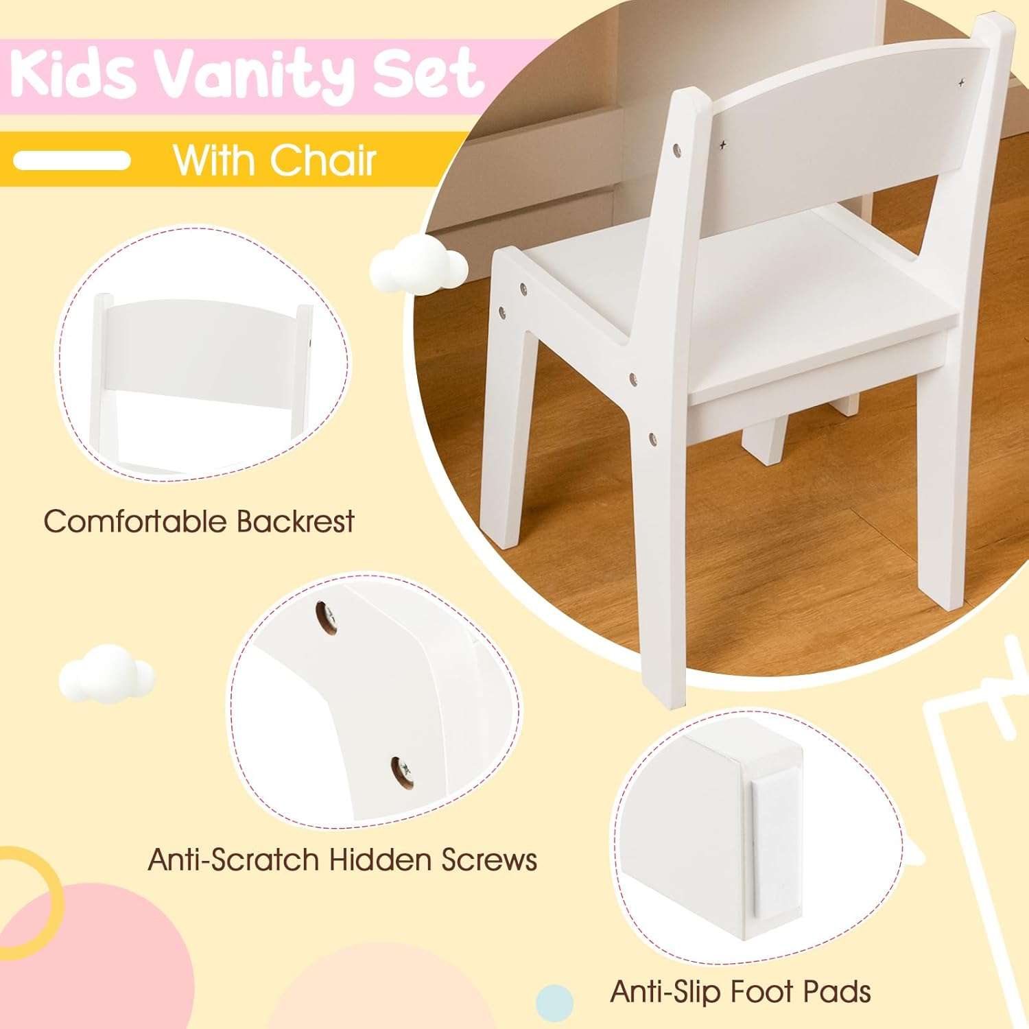 Costzon Kids Vanity with Lights, 2 in 1 Princess Makeup Desk & Chair Set with Lighted Mirror, Drawer, Storage Shelves & Cabinet, Toddler Dressing Table, Pretend Play Vanity Set for Little Girls - 7