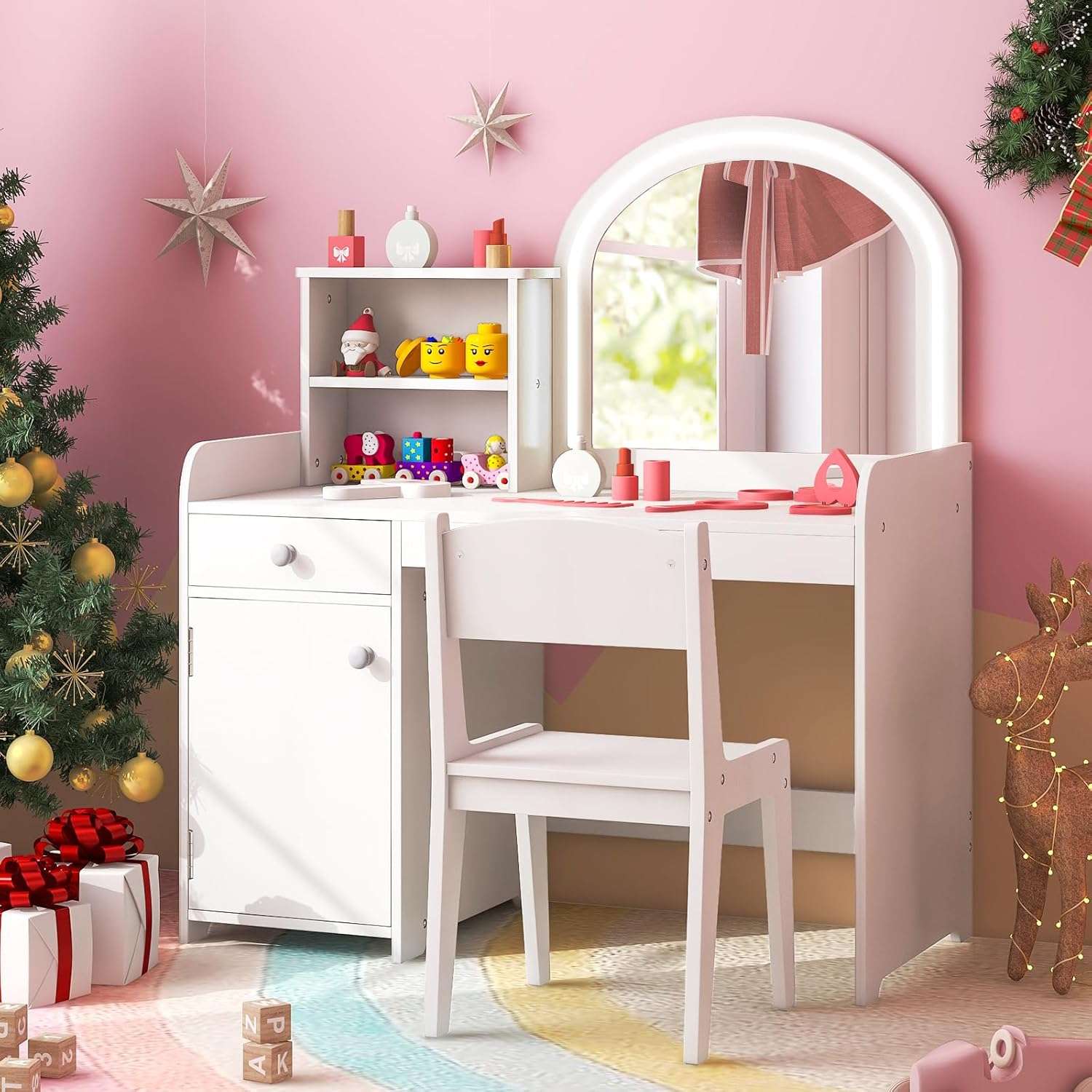 Costzon Kids Vanity with Lights, 2 in 1 Princess Makeup Desk & Chair Set with Lighted Mirror, Drawer, Storage Shelves & Cabinet, Toddler Dressing Table, Pretend Play Vanity Set for Little Girls - 8