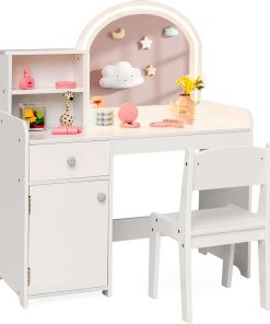 Costzon Kids Vanity with Lights, 2 in 1 Princess Makeup Desk & Chair Set with Lighted Mirror, Drawer, Storage Shelves & Cabinet, Toddler Dressing Table, Pretend Play Vanity Set for Little Girls - 9