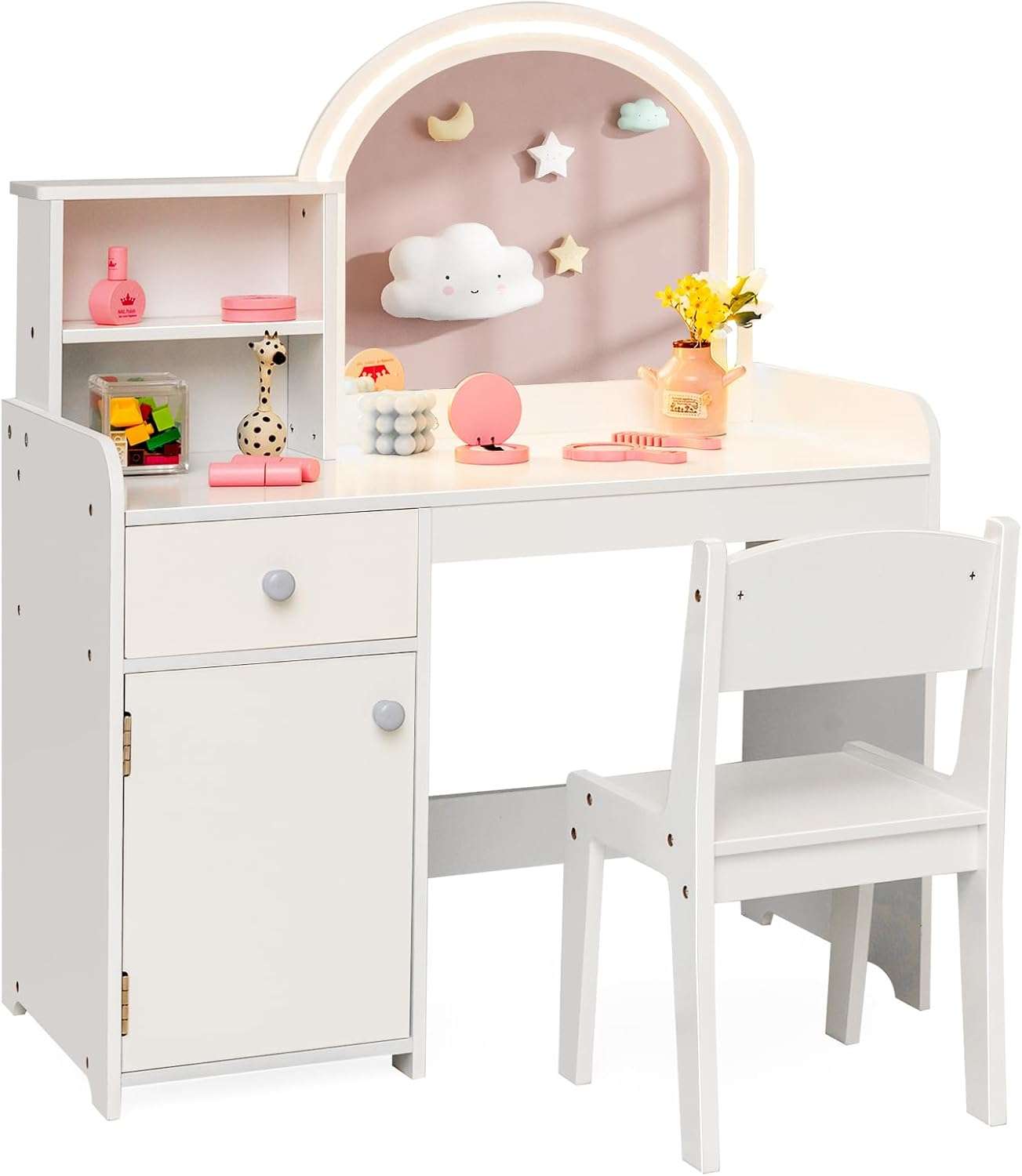 Costzon Kids Vanity with Lights, 2 in 1 Princess Makeup Desk & Chair Set with Lighted Mirror, Drawer, Storage Shelves & Cabinet, Toddler Dressing Table, Pretend Play Vanity Set for Little Girls - 9