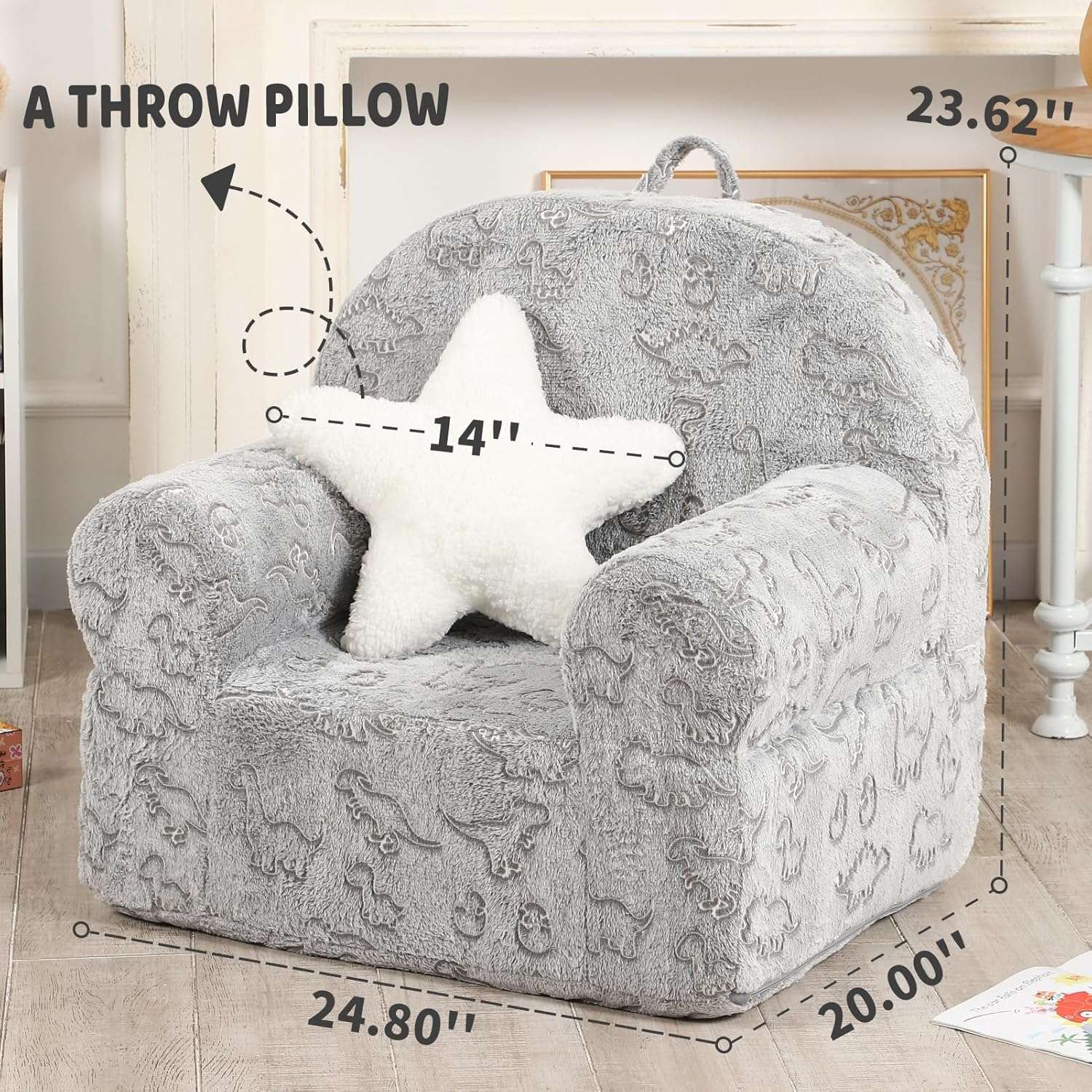 Dinosaur Glow in The Dark Kids Sofa with Star Throw Pillow, High Back Toddler Chair Glow in The Dark for Boys and Girls, Grey - 3