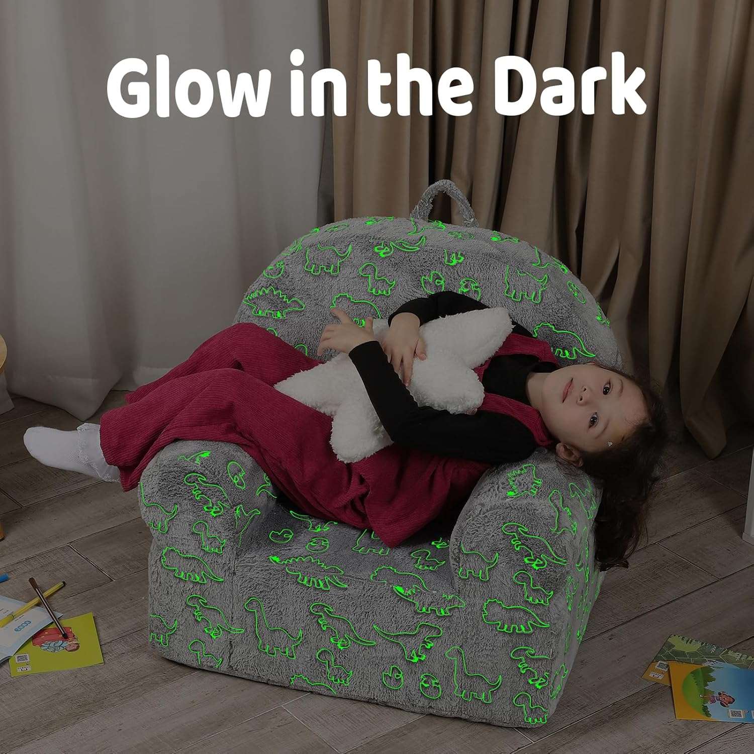 Dinosaur Glow in The Dark Kids Sofa with Star Throw Pillow, High Back Toddler Chair Glow in The Dark for Boys and Girls, Grey - 4