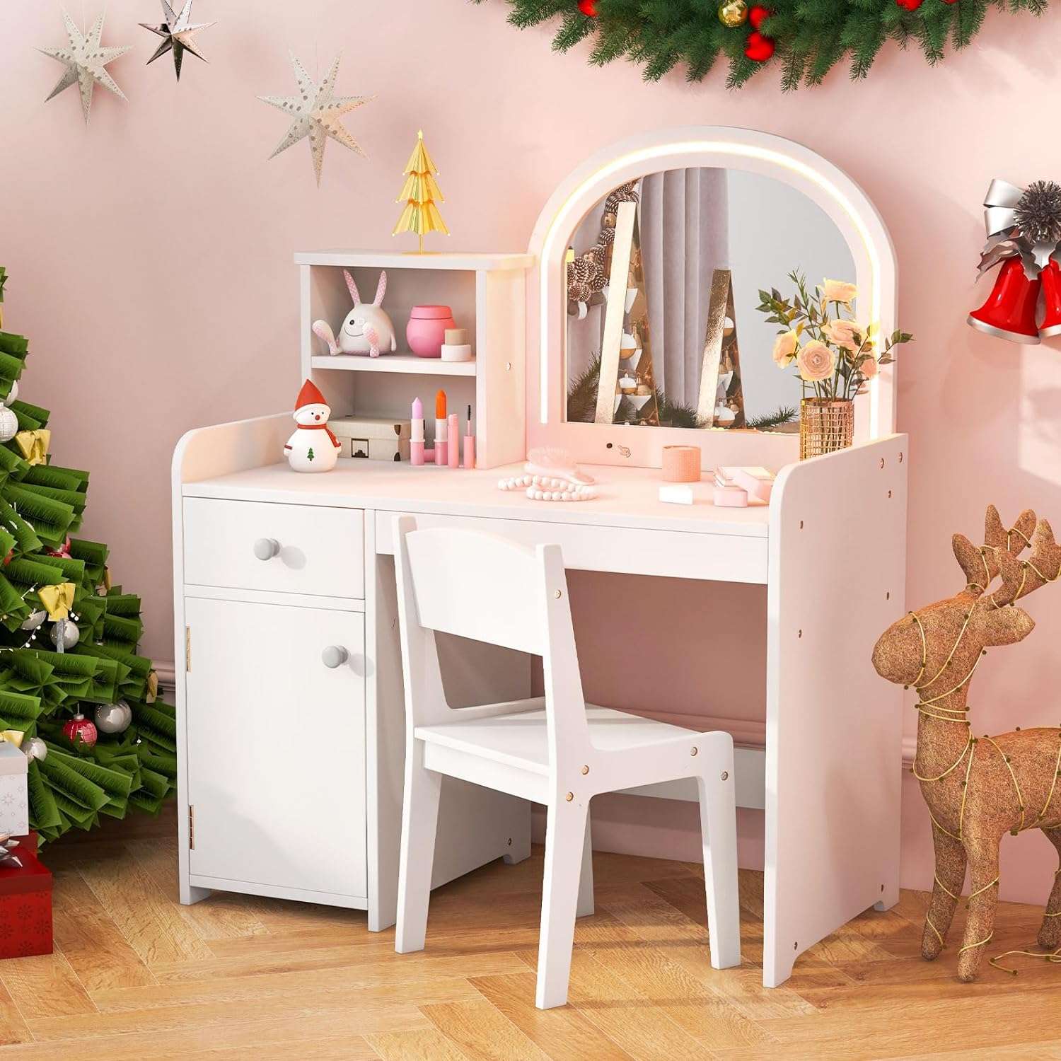 INFANS Kids Vanity, Princess Makeup Desk and Chair Set with Lights Mirror Drawer Storage Shelves, Wooden Dressing Table, Pretend Play Vanity Set for Toddler Girls - 1