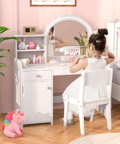 INFANS Kids Vanity, Princess Makeup Desk and Chair Set with Lights Mirror Drawer Storage Shelves, Wooden Dressing Table, Pretend Play Vanity Set for Toddler Girls - 2