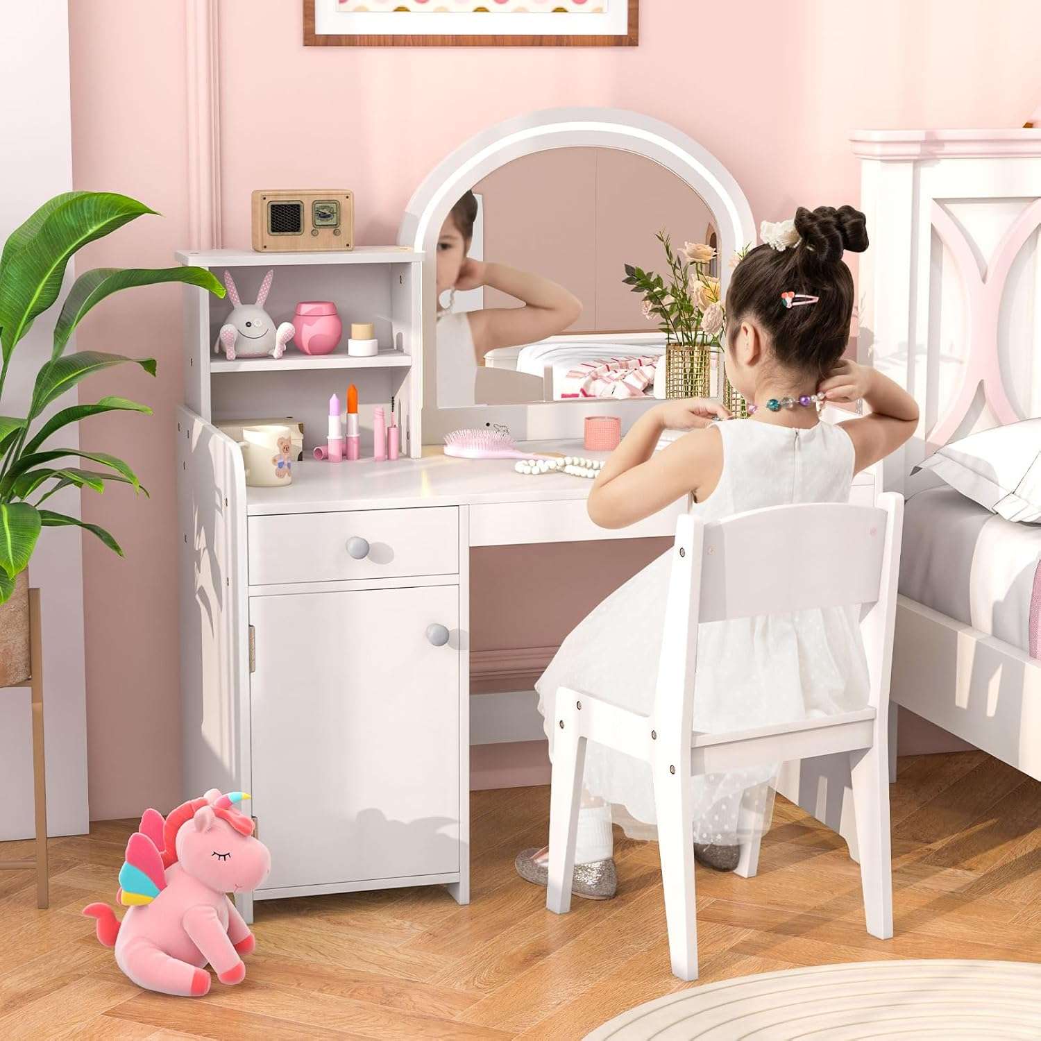 INFANS Kids Vanity, Princess Makeup Desk and Chair Set with Lights Mirror Drawer Storage Shelves, Wooden Dressing Table, Pretend Play Vanity Set for Toddler Girls - 2