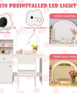 INFANS Kids Vanity, Princess Makeup Desk and Chair Set with Lights Mirror Drawer Storage Shelves, Wooden Dressing Table, Pretend Play Vanity Set for Toddler Girls - 3
