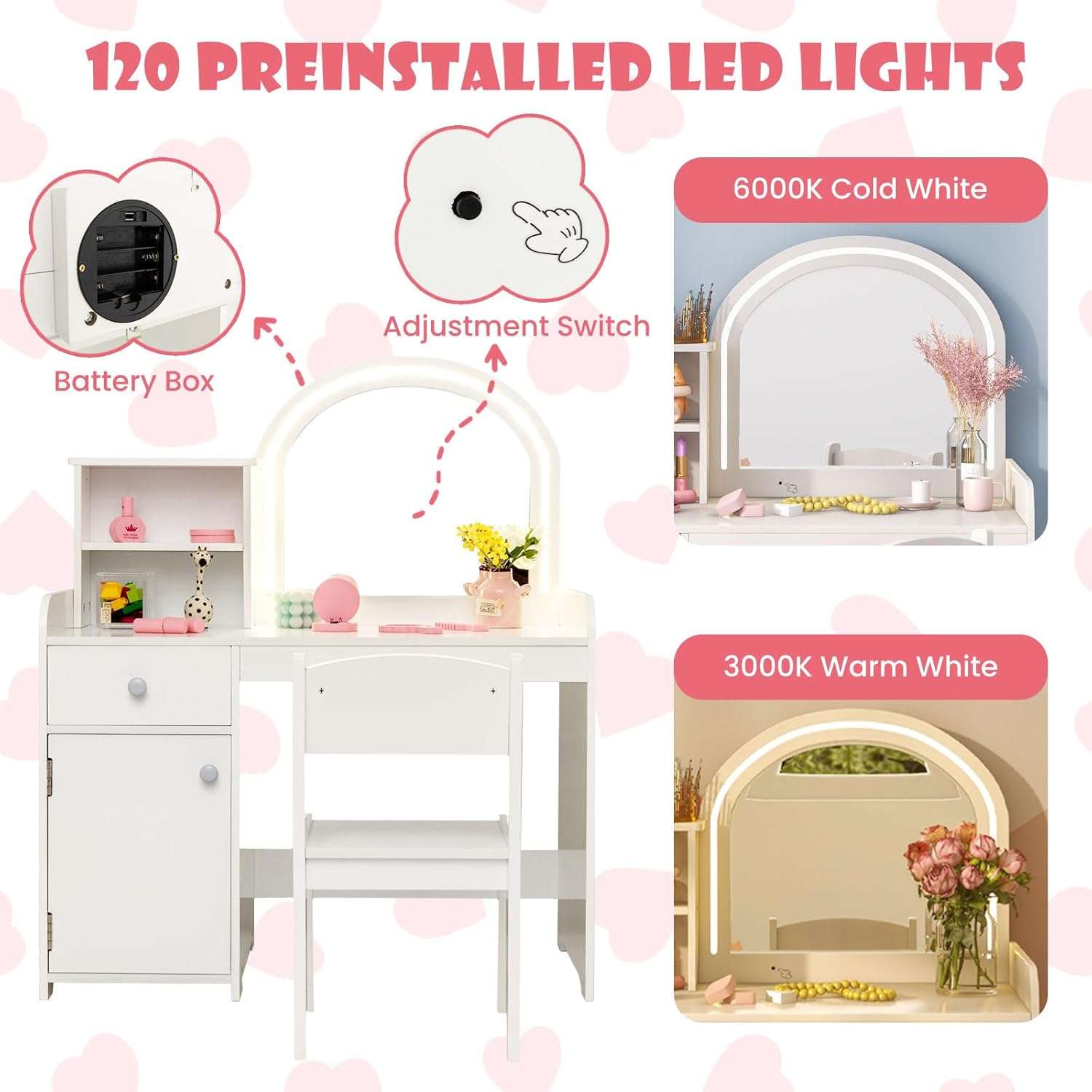 INFANS Kids Vanity, Princess Makeup Desk and Chair Set with Lights Mirror Drawer Storage Shelves, Wooden Dressing Table, Pretend Play Vanity Set for Toddler Girls - 3