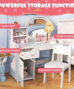 INFANS Kids Vanity, Princess Makeup Desk and Chair Set with Lights Mirror Drawer Storage Shelves, Wooden Dressing Table, Pretend Play Vanity Set for Toddler Girls - 4