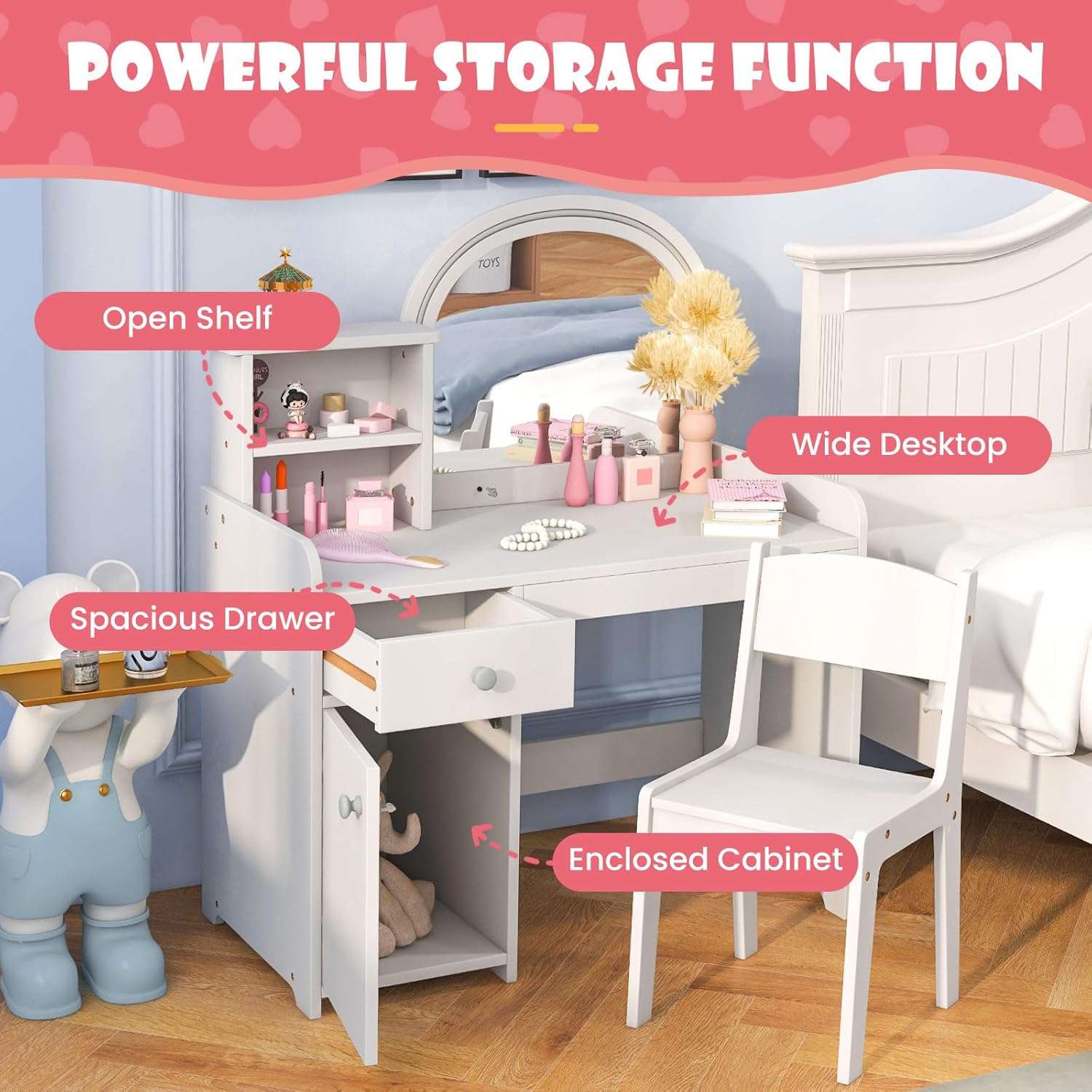 INFANS Kids Vanity, Princess Makeup Desk and Chair Set with Lights Mirror Drawer Storage Shelves, Wooden Dressing Table, Pretend Play Vanity Set for Toddler Girls - 4