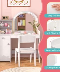 INFANS Kids Vanity, Princess Makeup Desk and Chair Set with Lights Mirror Drawer Storage Shelves, Wooden Dressing Table, Pretend Play Vanity Set for Toddler Girls - 5