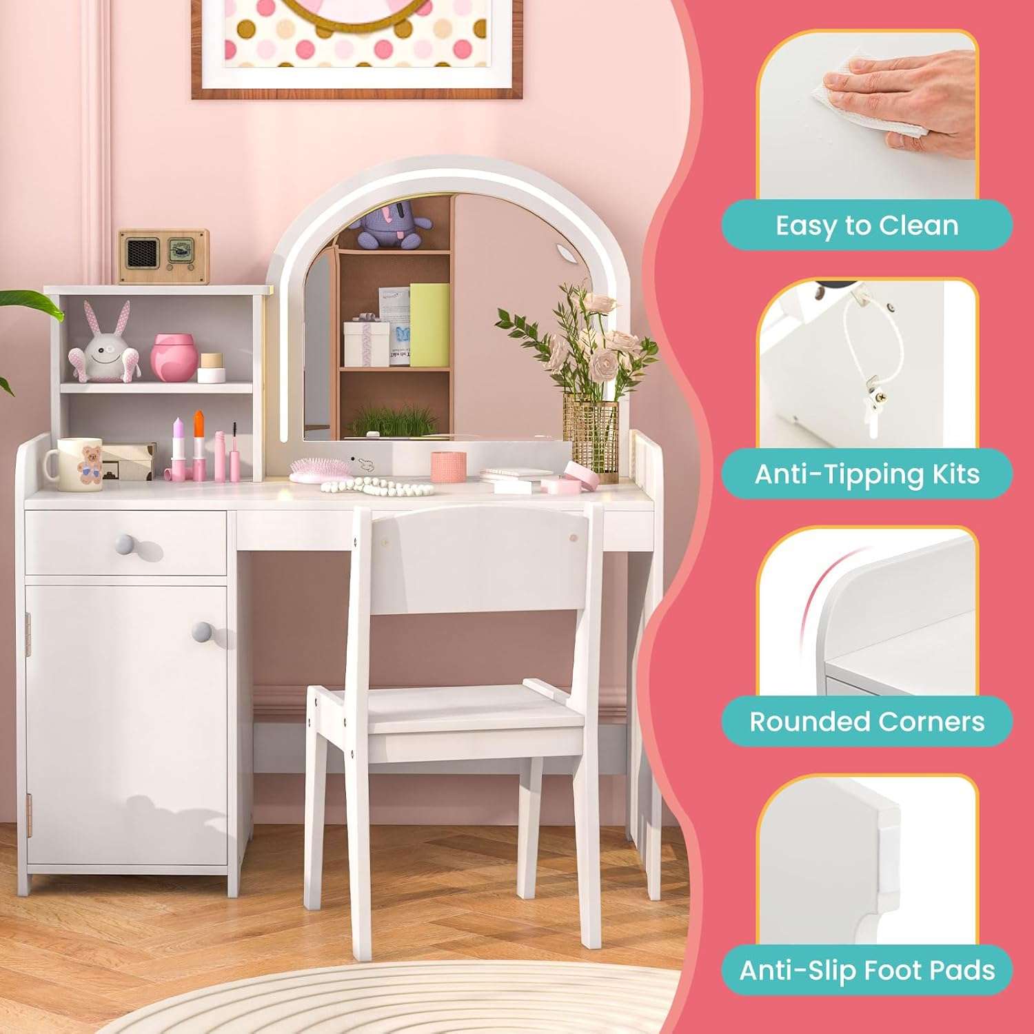 INFANS Kids Vanity, Princess Makeup Desk and Chair Set with Lights Mirror Drawer Storage Shelves, Wooden Dressing Table, Pretend Play Vanity Set for Toddler Girls - 5