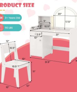 INFANS Kids Vanity, Princess Makeup Desk and Chair Set with Lights Mirror Drawer Storage Shelves, Wooden Dressing Table, Pretend Play Vanity Set for Toddler Girls - 6