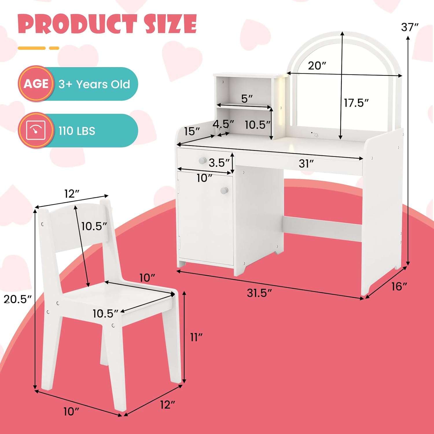 INFANS Kids Vanity, Princess Makeup Desk and Chair Set with Lights Mirror Drawer Storage Shelves, Wooden Dressing Table, Pretend Play Vanity Set for Toddler Girls - 6