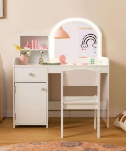 INFANS Kids Vanity, Princess Makeup Desk and Chair Set with Lights Mirror Drawer Storage Shelves, Wooden Dressing Table, Pretend Play Vanity Set for Toddler Girls - 7