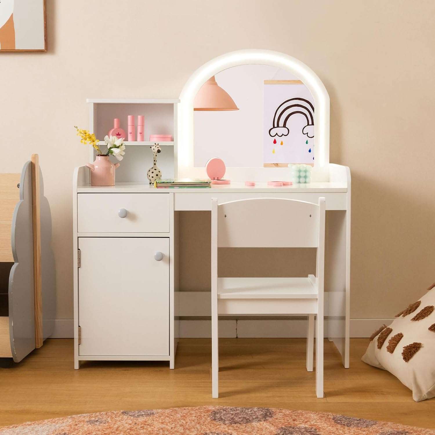 INFANS Kids Vanity, Princess Makeup Desk and Chair Set with Lights Mirror Drawer Storage Shelves, Wooden Dressing Table, Pretend Play Vanity Set for Toddler Girls - 7