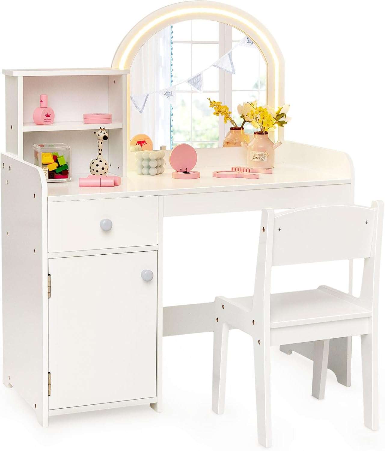 INFANS Kids Vanity, Princess Makeup Desk and Chair Set with Lights Mirror Drawer Storage Shelves, Wooden Dressing Table, Pretend Play Vanity Set for Toddler Girls - 9