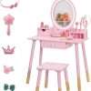 Kids Vanity Set with Lighted Mirror, Princess Make Up Dressing Table and Stool Set w-Jewelry Storage Rack & Make Up Brush Holder, Wooden Children Vanity Table Pretend Playset for Girls - 1