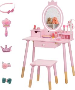 Kids Vanity Set with Lighted Mirror, Princess Make Up Dressing Table and Stool Set w-Jewelry Storage Rack & Make Up Brush Holder, Wooden Children Vanity Table Pretend Playset for Girls - 1