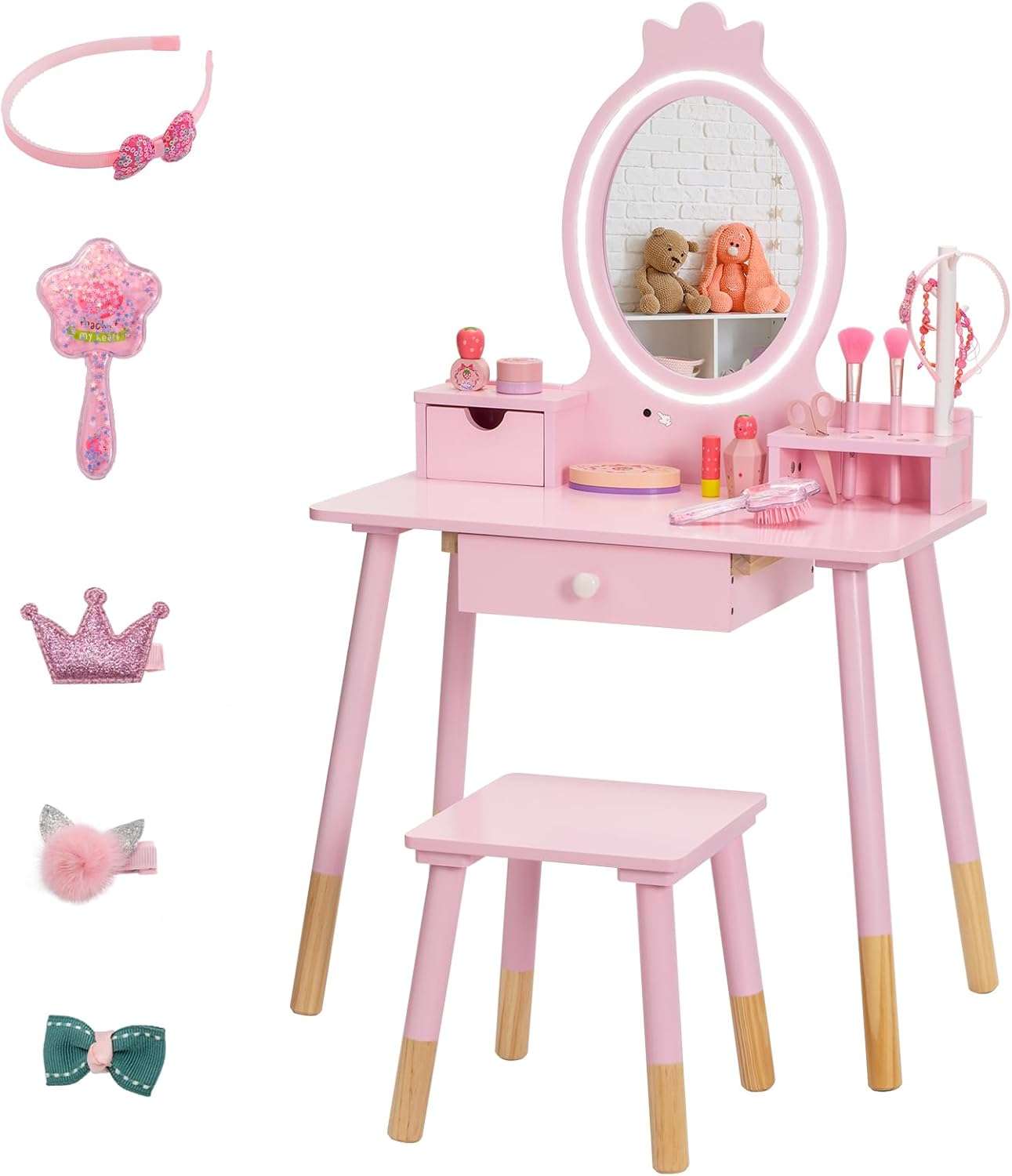 Kids Vanity Set with Lighted Mirror, Princess Make Up Dressing Table and Stool Set w-Jewelry Storage Rack & Make Up Brush Holder, Wooden Children Vanity Table Pretend Playset for Girls - 1